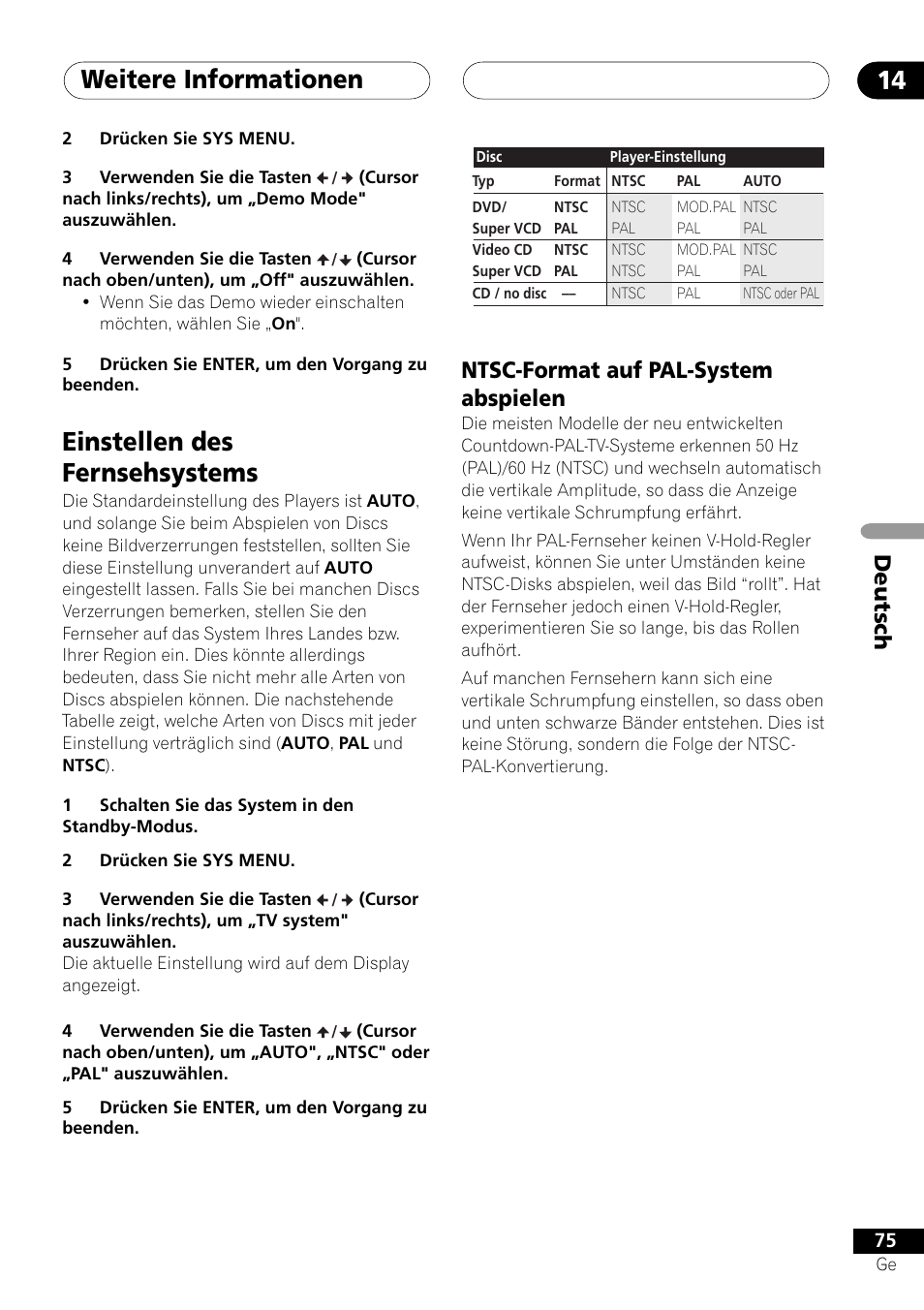 Einstellen des fernsehsystems, Ntsc-format auf pal-system abspielen, Weitere informationen 14 | Deutsch | Pioneer NS-DV1000 User Manual | Page 163 / 180