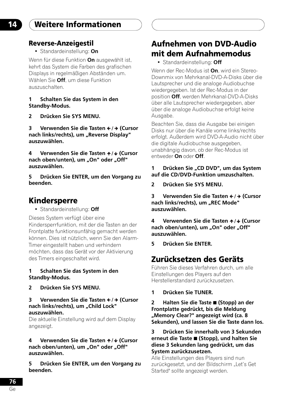 Weitere informationen 14, Kindersperre, Zurücksetzen des geräts | Reverse-anzeigestil | Pioneer NS-DV1000 User Manual | Page 164 / 180