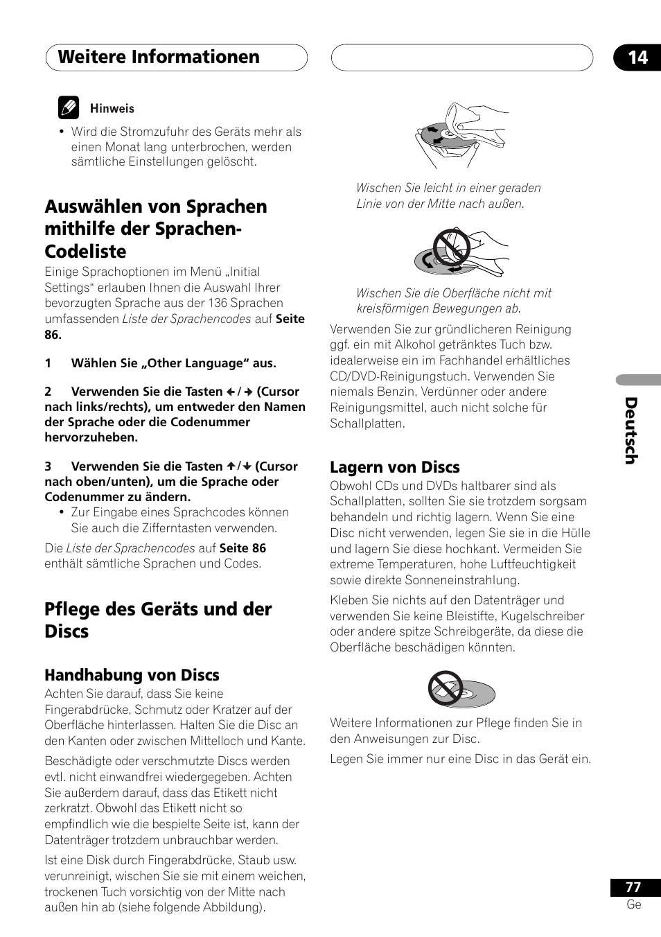 Handhabung von discs lagern von discs, Weitere informationen 14, Pflege des geräts und der discs | Deutsch, Handhabung von discs, Lagern von discs | Pioneer NS-DV1000 User Manual | Page 165 / 180