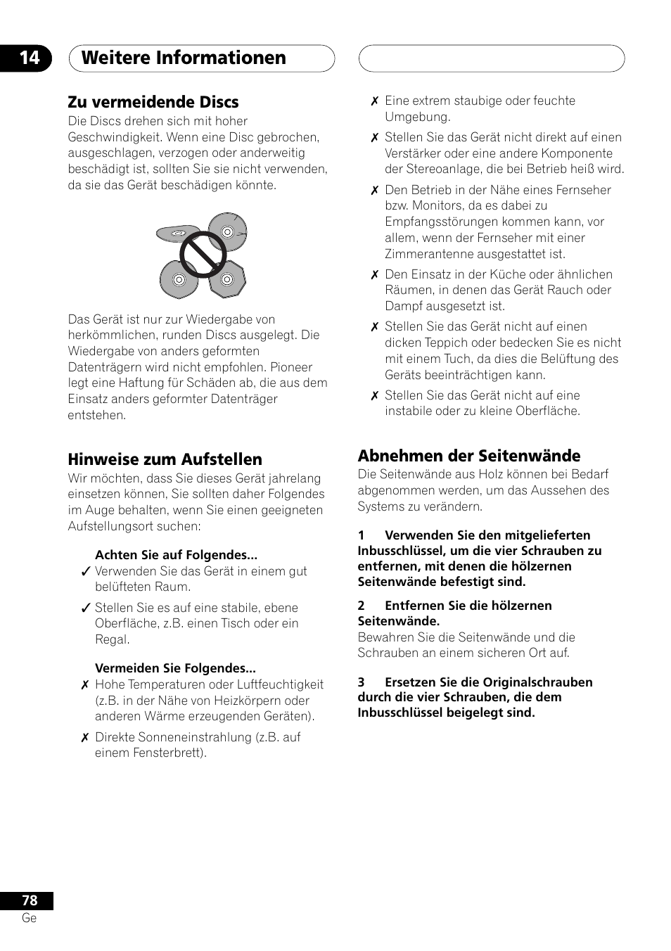 Weitere informationen 14, Zu vermeidende discs, Hinweise zum aufstellen | Abnehmen der seitenwände | Pioneer NS-DV1000 User Manual | Page 166 / 180