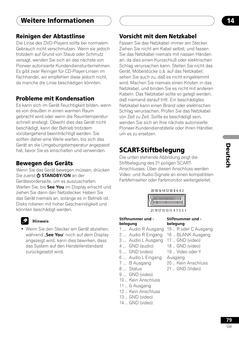 Scart-stiftbelegung, Weitere informationen 14 | Pioneer NS-DV1000 User Manual | Page 167 / 180