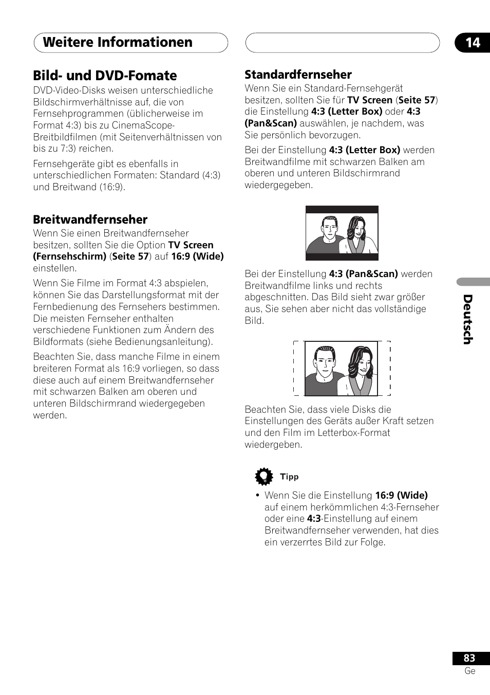 Bild- und dvd-fomate, Breitwandfernseher standardfernseher, Weitere informationen 14 | Pioneer NS-DV1000 User Manual | Page 171 / 180