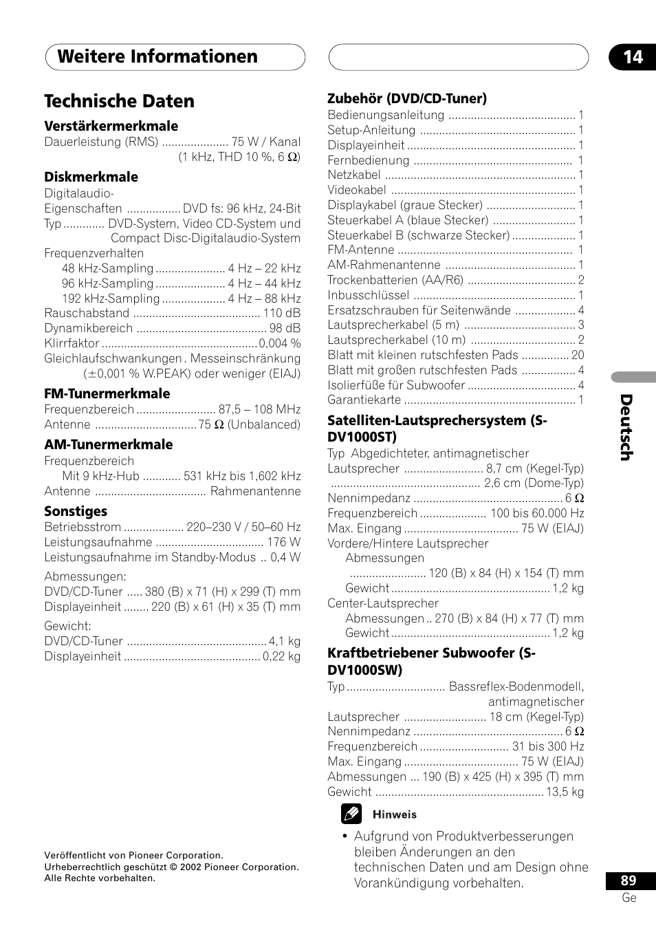 Technische daten, Weitere informationen 14, Deutsch | Pioneer NS-DV1000 User Manual | Page 177 / 180