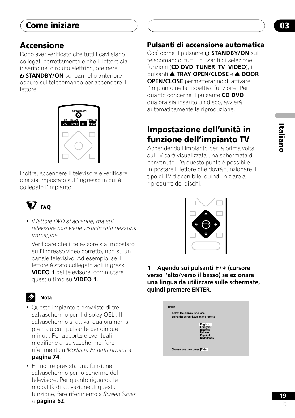Accensione, Pulsanti di accensione automatica, Come iniziare 03 | Italiano | Pioneer NS-DV1000 User Manual | Page 19 / 180
