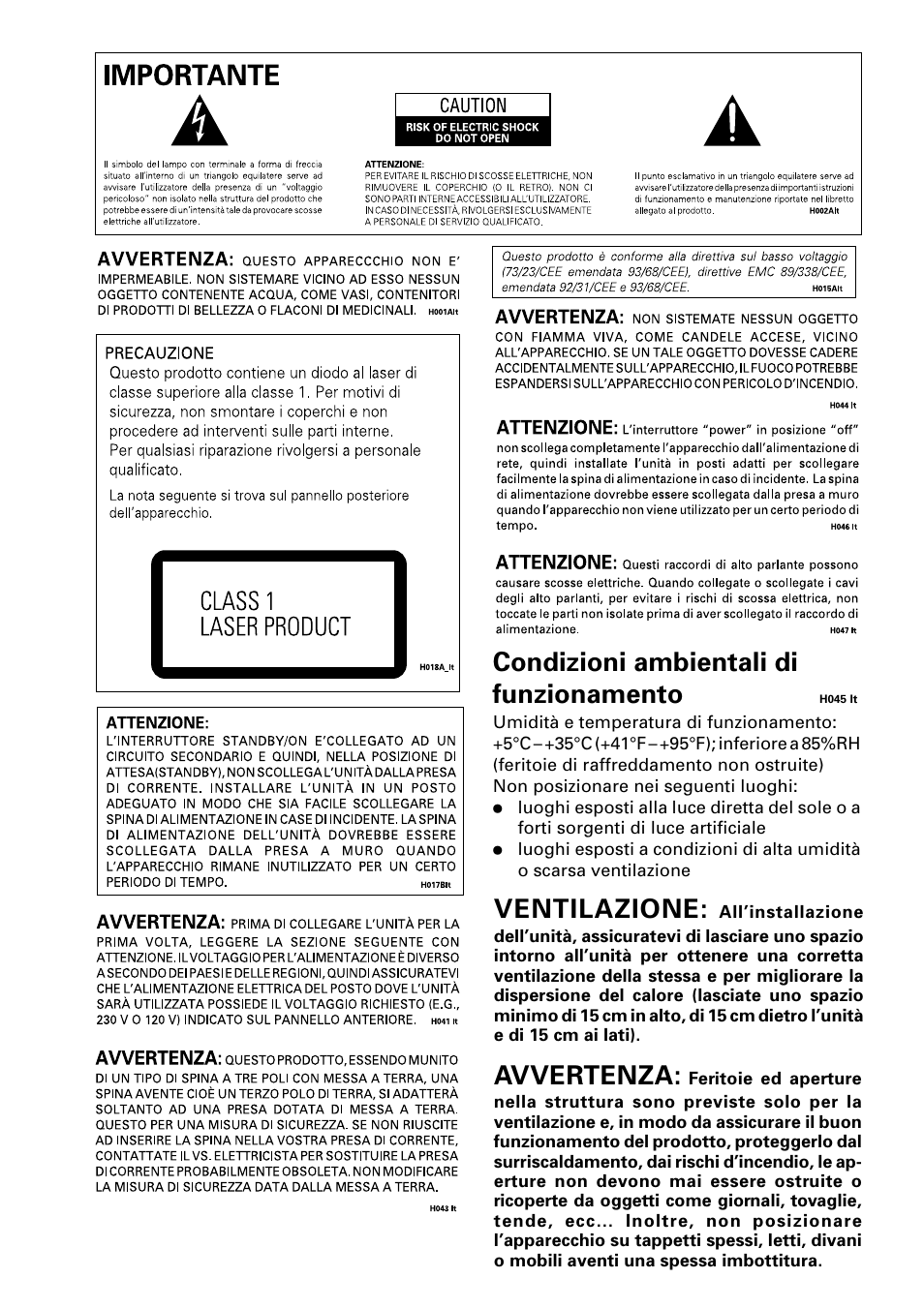 Condizioni ambientali di funzionamento, Ventilazione, Avvertenza | Pioneer NS-DV1000 User Manual | Page 2 / 180