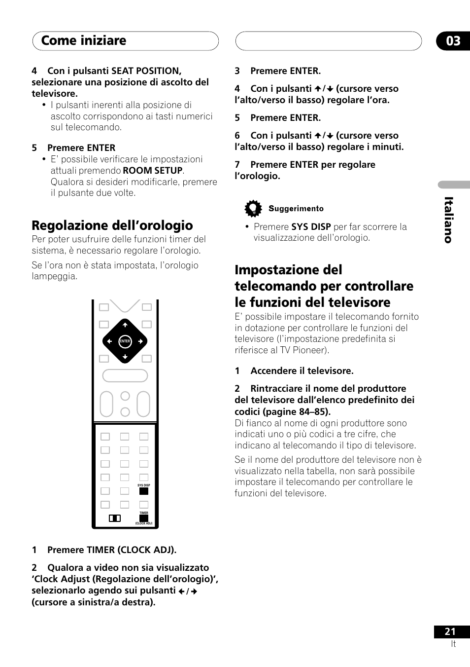 Come iniziare 03, Regolazione dell’orologio, Italiano | Pioneer NS-DV1000 User Manual | Page 21 / 180