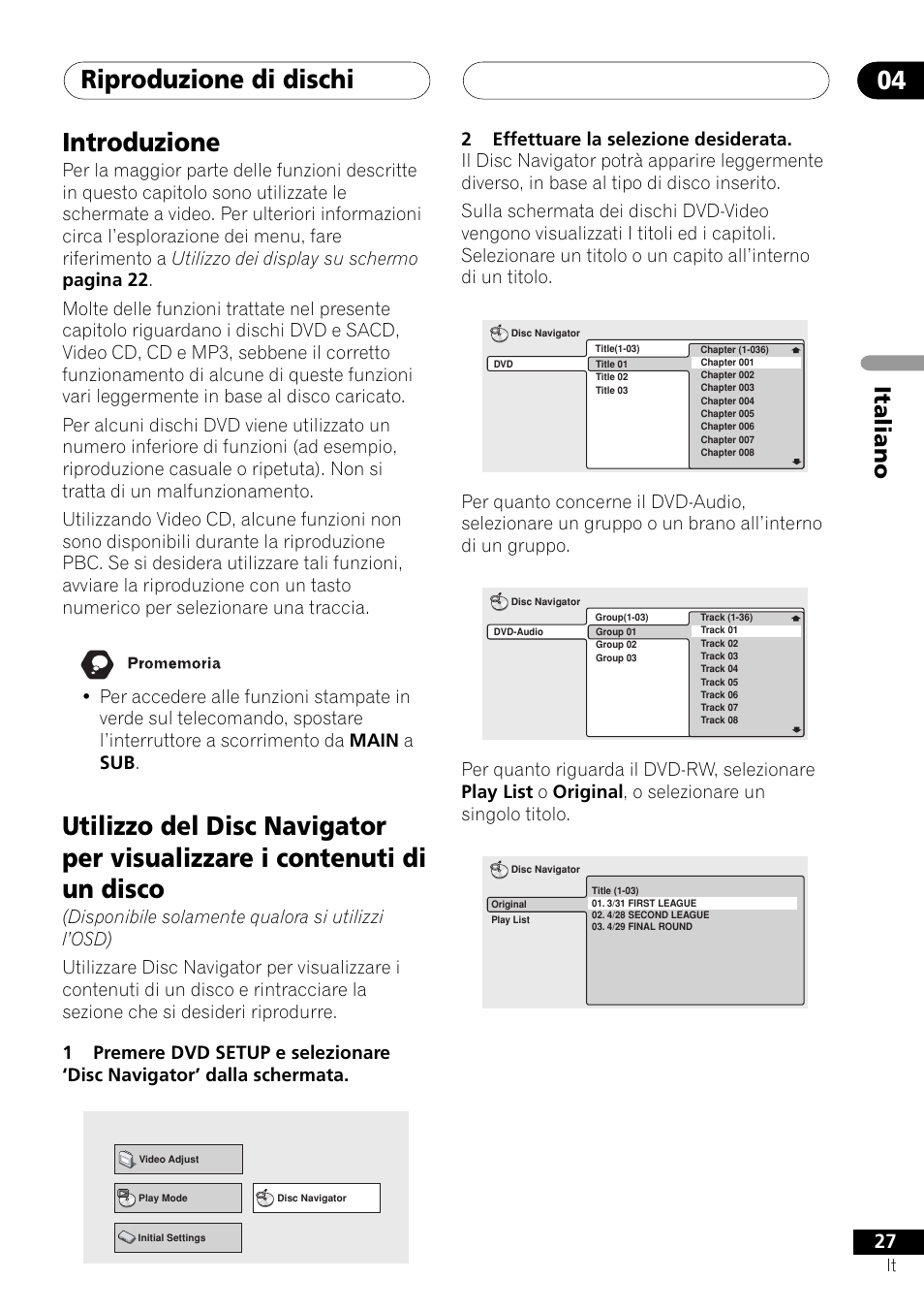 Riproduzione di dischi 04, Introduzione, Italiano | Pioneer NS-DV1000 User Manual | Page 27 / 180