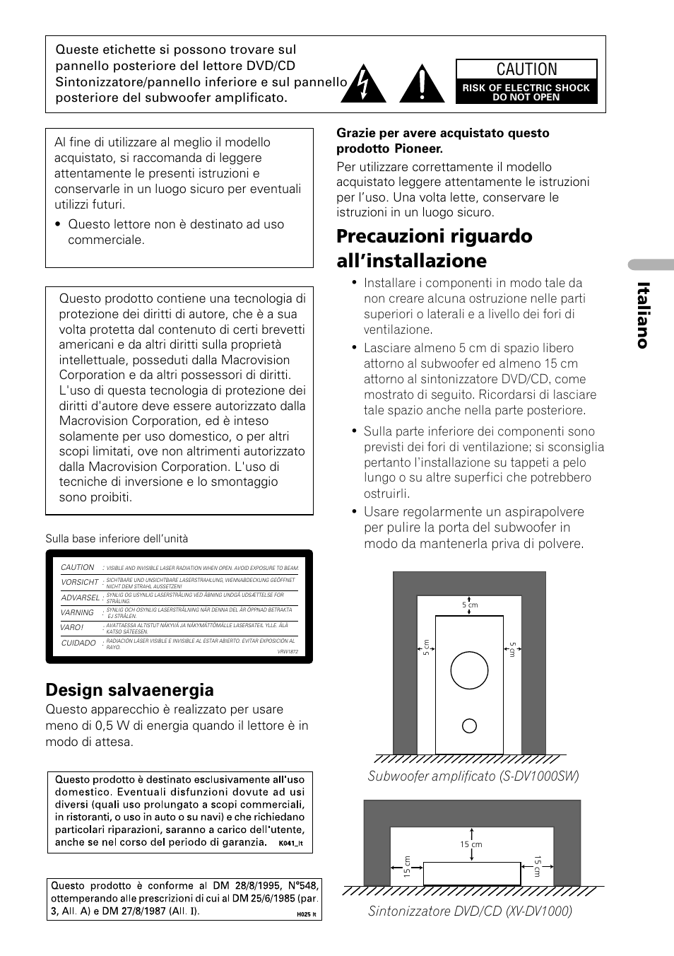 Precauzioni riguardo all’installazione, Design salvaenergia, Caution | Italiano, Sintonizzatore dvd/cd (xv-dv1000) | Pioneer NS-DV1000 User Manual | Page 3 / 180