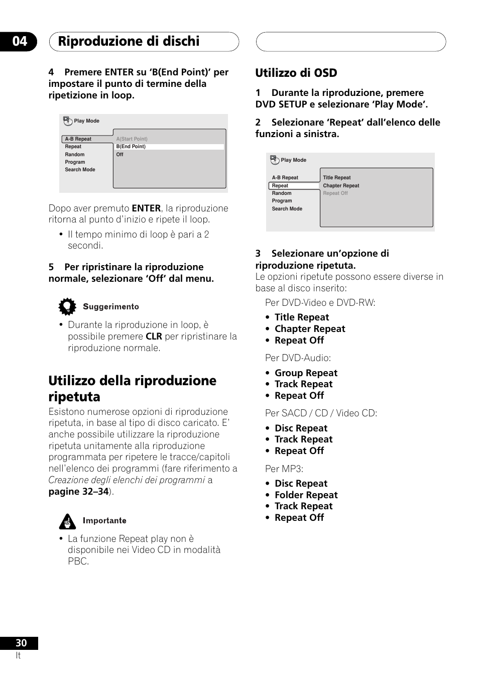 Utilizzo della riproduzione ripetuta, Utilizzo di osd, Riproduzione di dischi 04 | Pioneer NS-DV1000 User Manual | Page 30 / 180