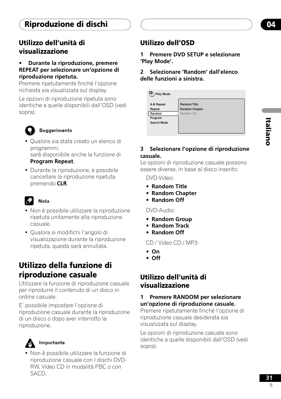 Utilizzo dell’unità di visualizzazione, Utilizzo della funzione di riproduzione casuale, Riproduzione di dischi 04 | Italiano utilizzo dell’unità di visualizzazione, Utilizzo dell’osd | Pioneer NS-DV1000 User Manual | Page 31 / 180