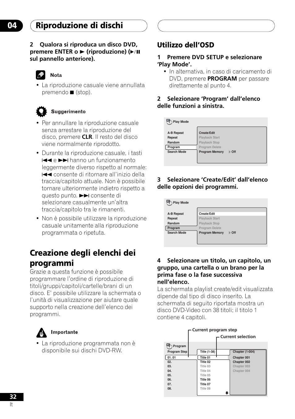 Creazione degli elenchi dei programmi, Utilizzo dell’osd, Riproduzione di dischi 04 | Pioneer NS-DV1000 User Manual | Page 32 / 180