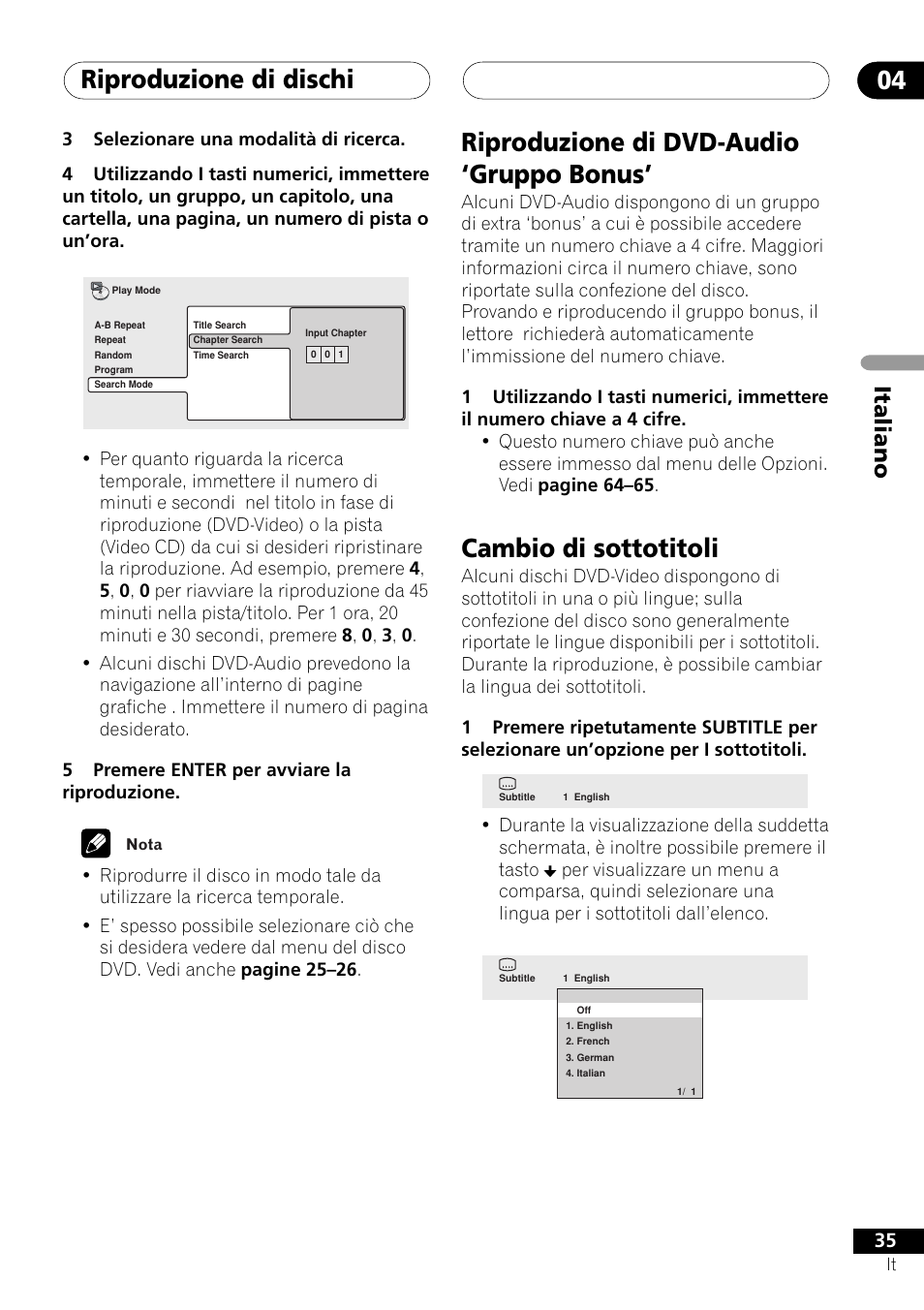 Riproduzione di dischi 04, Riproduzione di dvd-audio ‘gruppo bonus, Cambio di sottotitoli | Italiano | Pioneer NS-DV1000 User Manual | Page 35 / 180