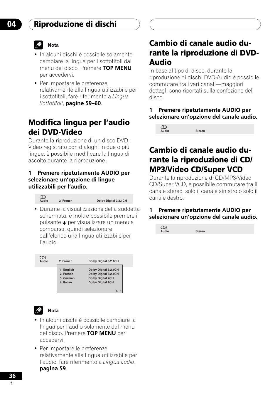 Riproduzione di dischi 04, Modifica lingua per l’audio dei dvd-video | Pioneer NS-DV1000 User Manual | Page 36 / 180