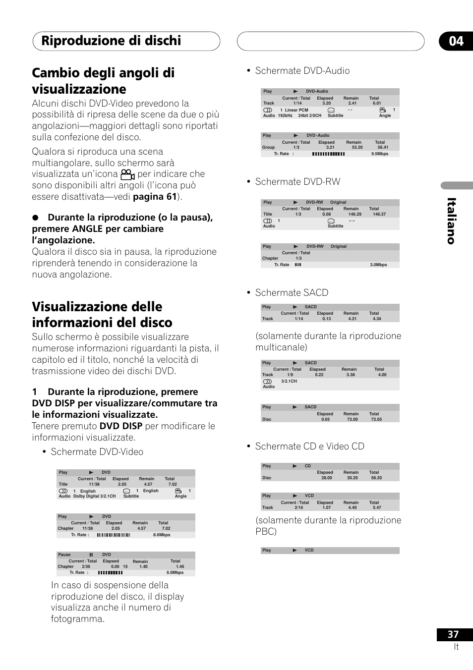 Riproduzione di dischi 04, Cambio degli angoli di visualizzazione, Visualizzazione delle informazioni del disco | Italiano, Schermate dvd-rw, Schermate sacd, Solamente durante la riproduzione multicanale), Schermate cd e video cd, Solamente durante la riproduzione pbc) | Pioneer NS-DV1000 User Manual | Page 37 / 180