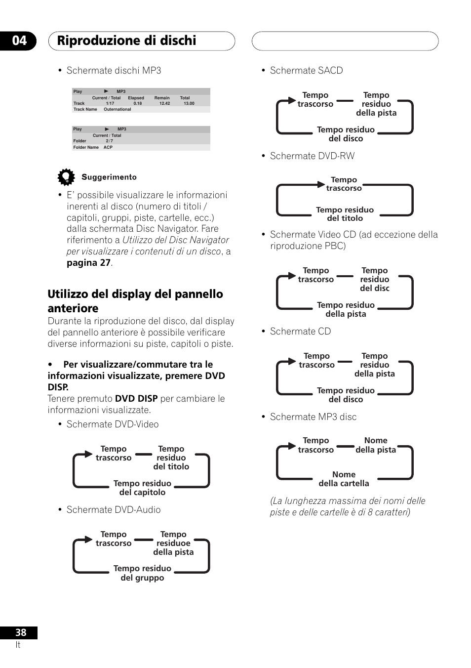 Utilizzo del display del pannello anteriore, Riproduzione di dischi 04 | Pioneer NS-DV1000 User Manual | Page 38 / 180