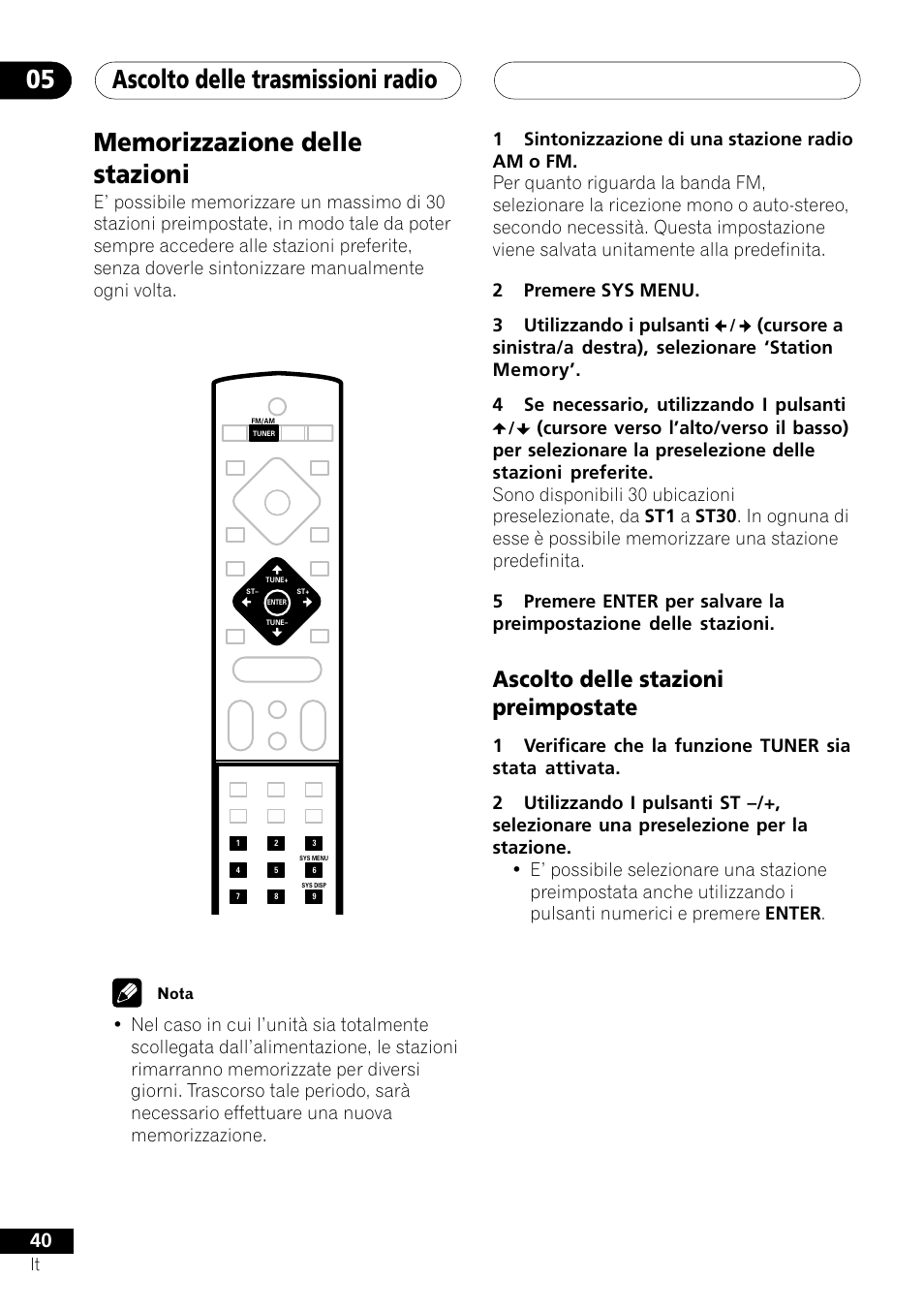 Memorizzazione delle stazioni, Ascolto delle stazioni preimpostate, Ascolto delle trasmissioni radio 05 | Pioneer NS-DV1000 User Manual | Page 40 / 180