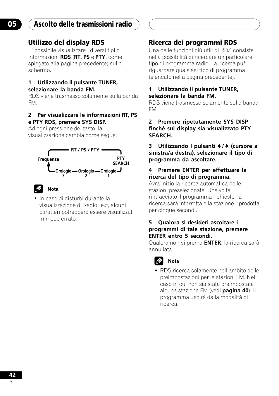 Utilizzo del display rds ricerca dei programmi rds, Ascolto delle trasmissioni radio 05, Utilizzo del display rds | Ricerca dei programmi rds | Pioneer NS-DV1000 User Manual | Page 42 / 180
