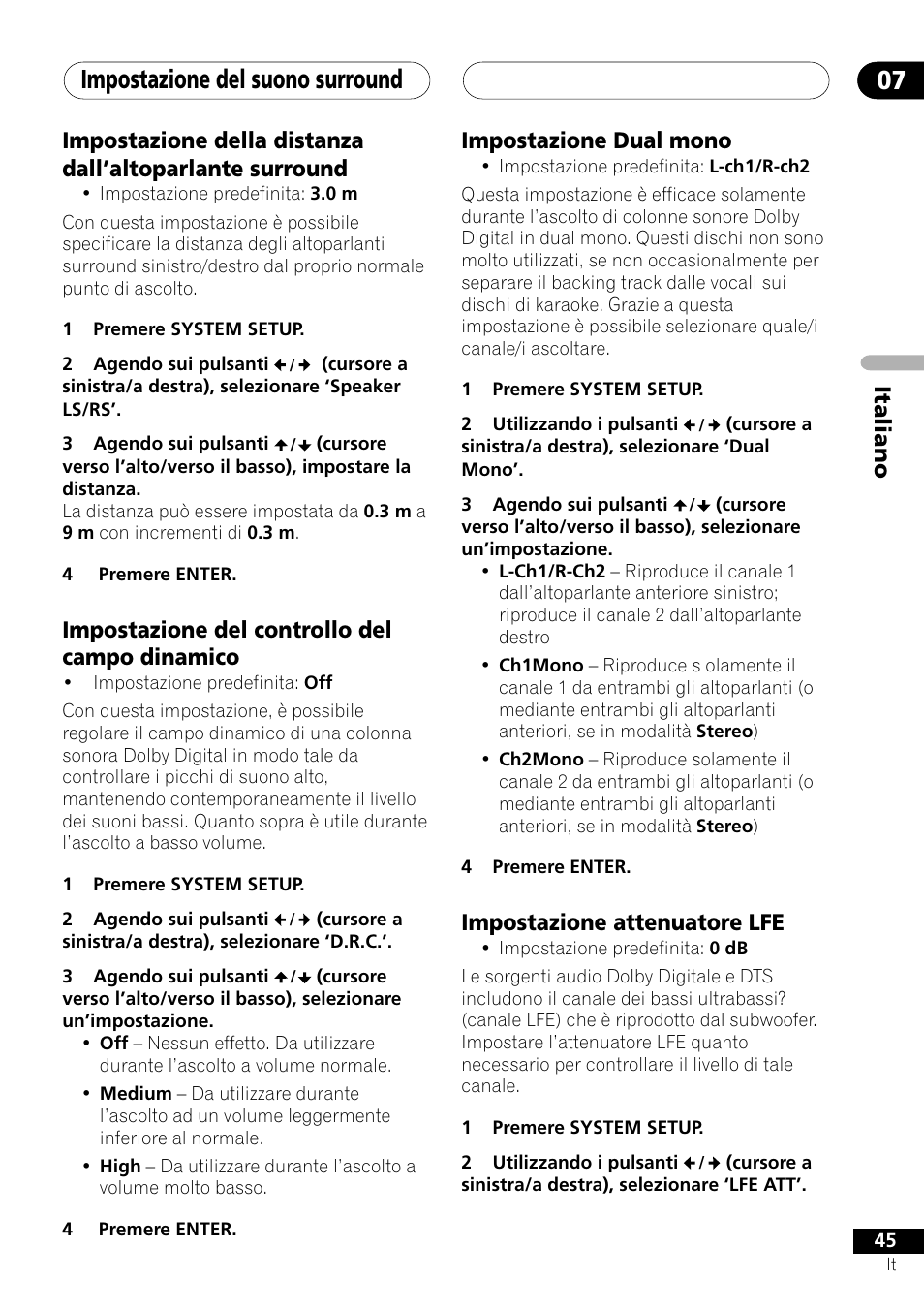 Impostazione del suono surround 07, Impostazione del controllo del campo dinamico, Impostazione dual mono | Impostazione attenuatore lfe | Pioneer NS-DV1000 User Manual | Page 45 / 180