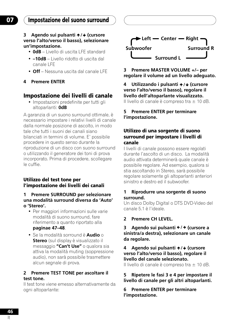Impostazione dei livelli di canale, Impostazione del suono surround 07 | Pioneer NS-DV1000 User Manual | Page 46 / 180