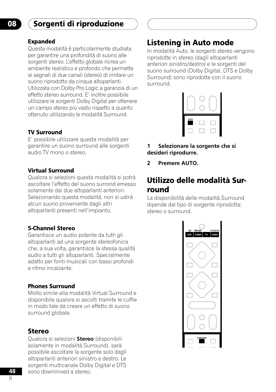 Expanded tv surround, 48 5-channel stereo phones surround, Stereo | Sorgenti di riproduzione 08, Listening in auto mode, Utilizzo delle modalità sur- round | Pioneer NS-DV1000 User Manual | Page 48 / 180