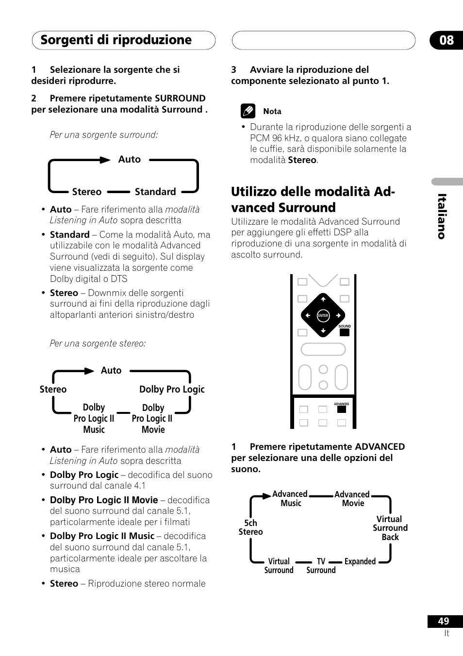 Utilizzo delle modalità advanced surround, Sorgenti di riproduzione 08, Utilizzo delle modalità ad- vanced surround | Italiano | Pioneer NS-DV1000 User Manual | Page 49 / 180
