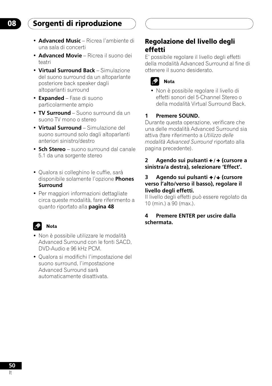 Regolazione del livello degli effetti, Sorgenti di riproduzione 08 | Pioneer NS-DV1000 User Manual | Page 50 / 180