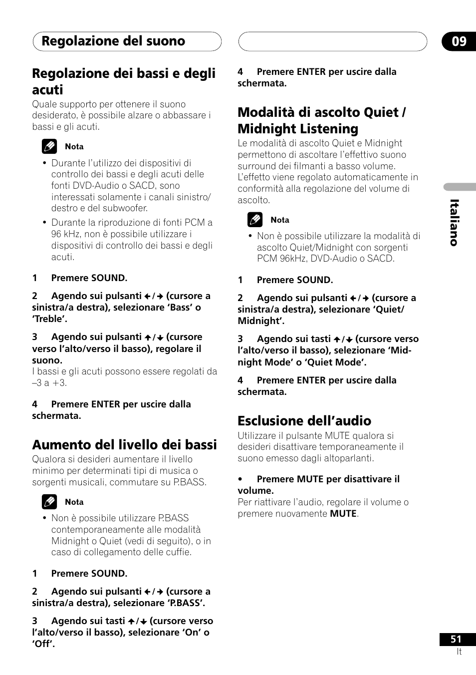 Regolazione del suono 09, Regolazione dei bassi e degli acuti, Aumento del livello dei bassi | Modalità di ascolto quiet / midnight listening, Esclusione dell’audio, Italiano | Pioneer NS-DV1000 User Manual | Page 51 / 180