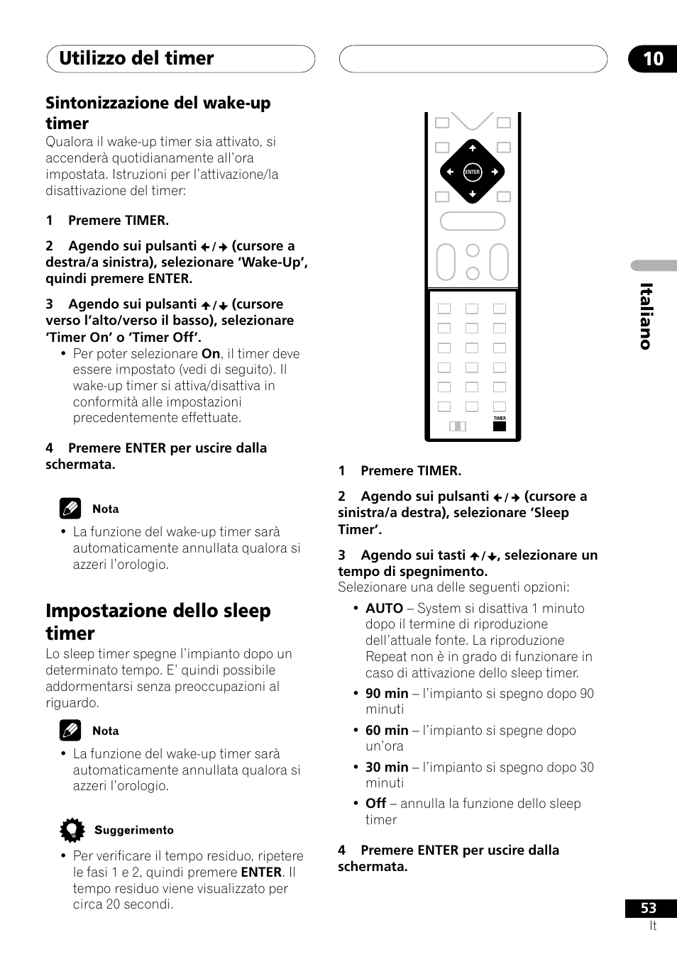 Sintonizzazione del wake-up timer, Impostazione dello sleep timer, Utilizzo del timer 10 | Italiano sintonizzazione del wake-up timer | Pioneer NS-DV1000 User Manual | Page 53 / 180