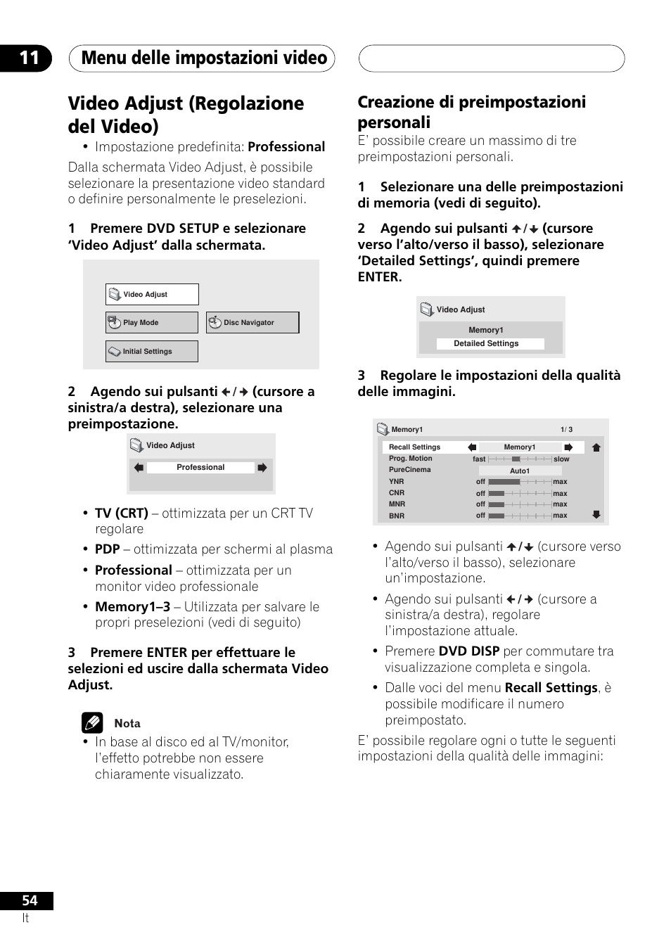 Video adjust (regolazione del video), Creazione di preimpostazioni personali, Menu delle impostazioni video 11 | Pioneer NS-DV1000 User Manual | Page 54 / 180