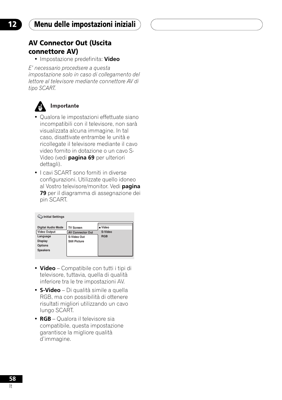 Av connector out (uscita connettore av), Menu delle impostazioni iniziali 12 | Pioneer NS-DV1000 User Manual | Page 58 / 180