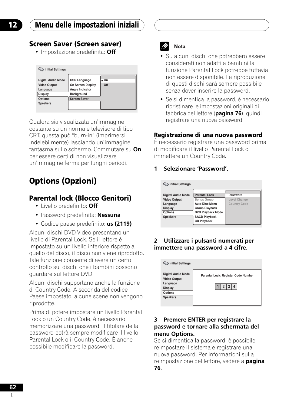Screen saver (screen saver), Options (opzioni), Parental lock (blocco genitori) | Registrazione di una nuova password, Menu delle impostazioni iniziali 12, Impostazione predefinita: off | Pioneer NS-DV1000 User Manual | Page 62 / 180