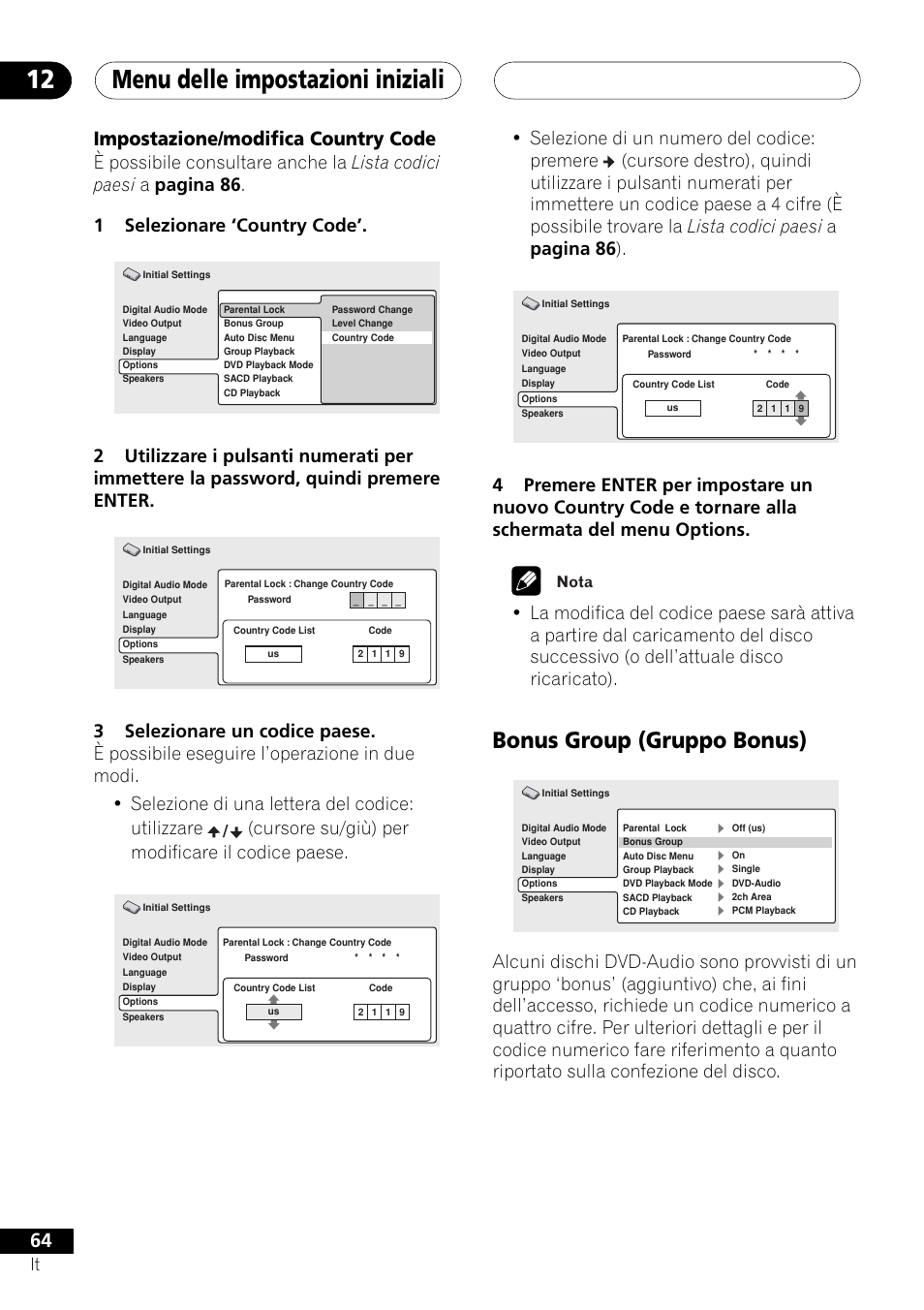 Impostazione/modifica country code, Bonus group (gruppo bonus), Menu delle impostazioni iniziali 12 | Cursore su/giù) per modificare il codice paese, Nota | Pioneer NS-DV1000 User Manual | Page 64 / 180