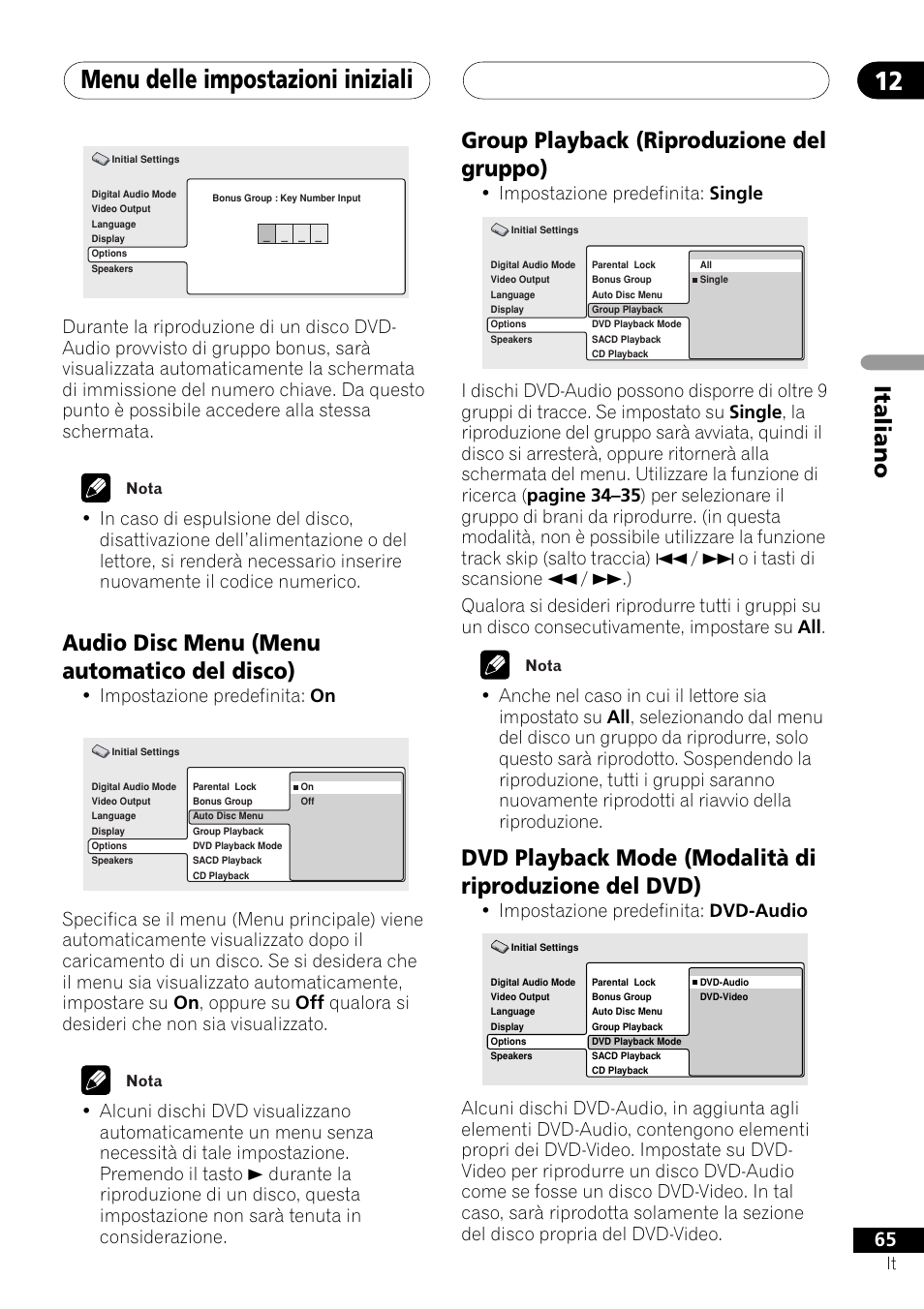 Menu delle impostazioni iniziali 12, Italiano group playback (riproduzione del gruppo), Audio disc menu (menu automatico del disco) | Impostazione predefinita: single, Impostazione predefinita: dvd-audio, Impostazione predefinita: on | Pioneer NS-DV1000 User Manual | Page 65 / 180