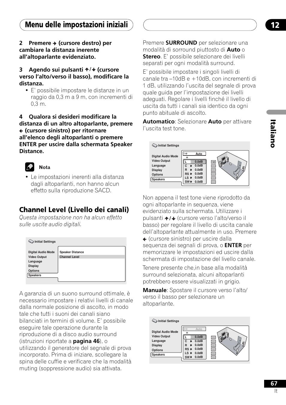 Channel level (livello dei canali), Menu delle impostazioni iniziali 12, Italiano | Pioneer NS-DV1000 User Manual | Page 67 / 180