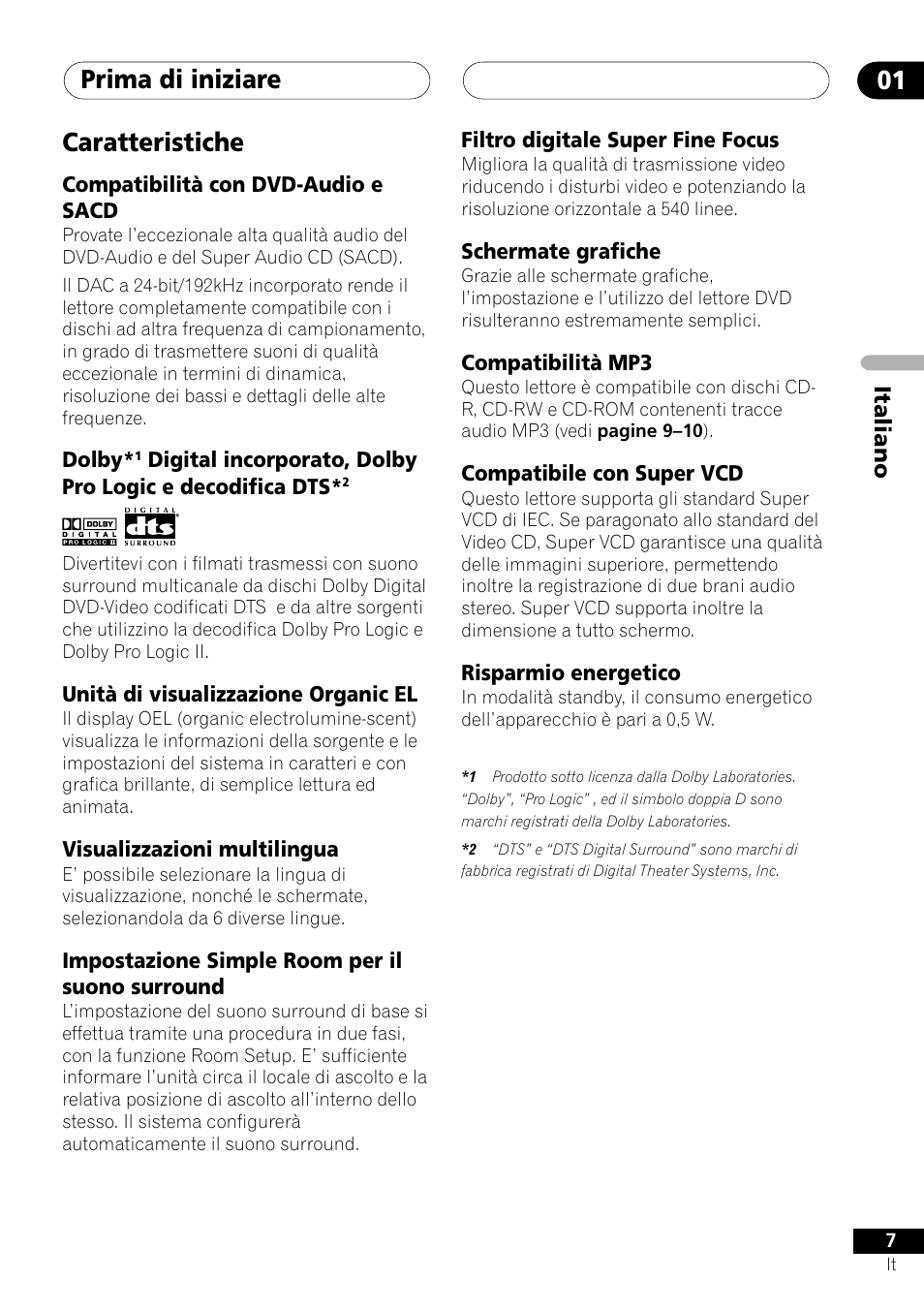 Caratteristiche, Prima di iniziare 01, Italiano | Pioneer NS-DV1000 User Manual | Page 7 / 180
