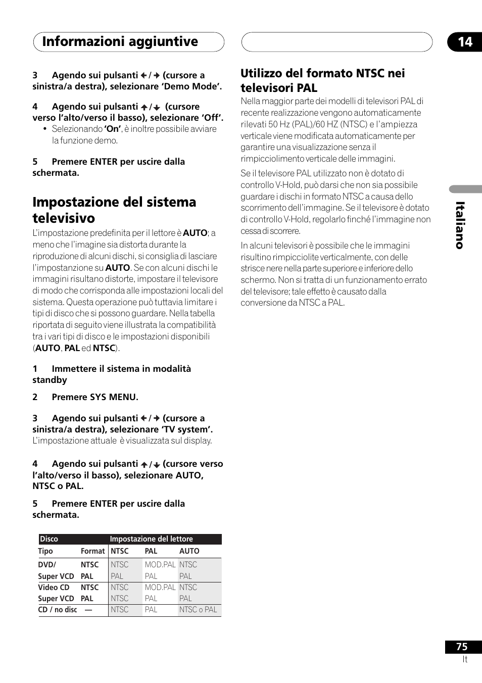 Impostazione del sistema televisivo, Utilizzo del formato ntsc nei televisori pal, Informazioni aggiuntive 14 | Italiano | Pioneer NS-DV1000 User Manual | Page 75 / 180