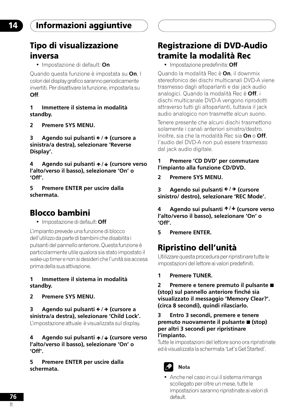 Informazioni aggiuntive 14, Tipo di visualizzazione inversa, Blocco bambini | Registrazione di dvd-audio tramite la modalità rec, Ripristino dell’unità | Pioneer NS-DV1000 User Manual | Page 76 / 180