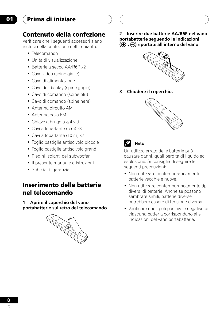 Prima di iniziare 01, Contenuto della confezione, Inserimento delle batterie nel telecomando | Pioneer NS-DV1000 User Manual | Page 8 / 180