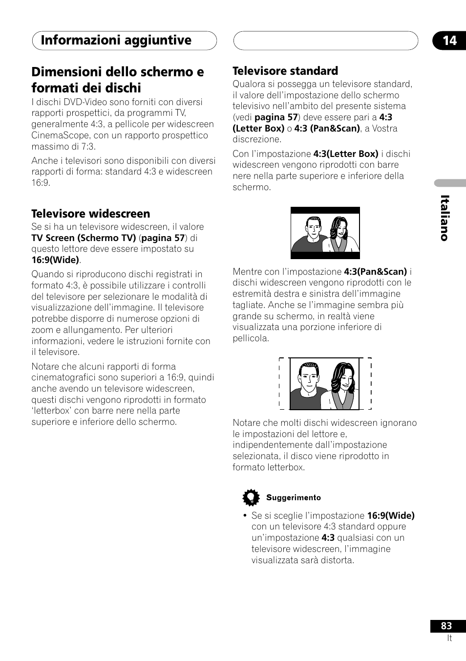 Dimensioni dello schermo e formati dei dischi, Televisore widescreen televisore standard, Informazioni aggiuntive 14 | Pioneer NS-DV1000 User Manual | Page 83 / 180