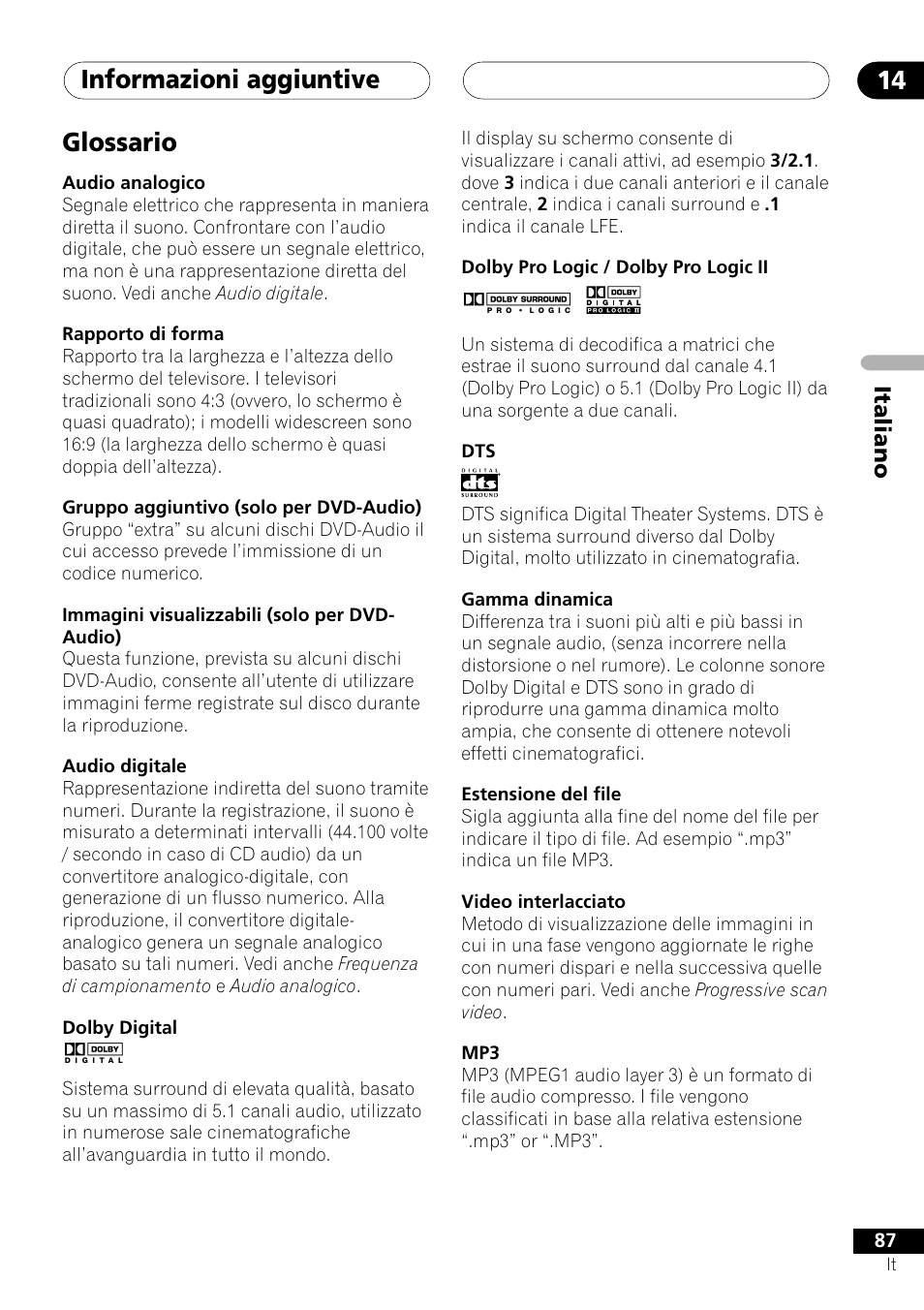 Glossario, Informazioni aggiuntive 14 | Pioneer NS-DV1000 User Manual | Page 87 / 180