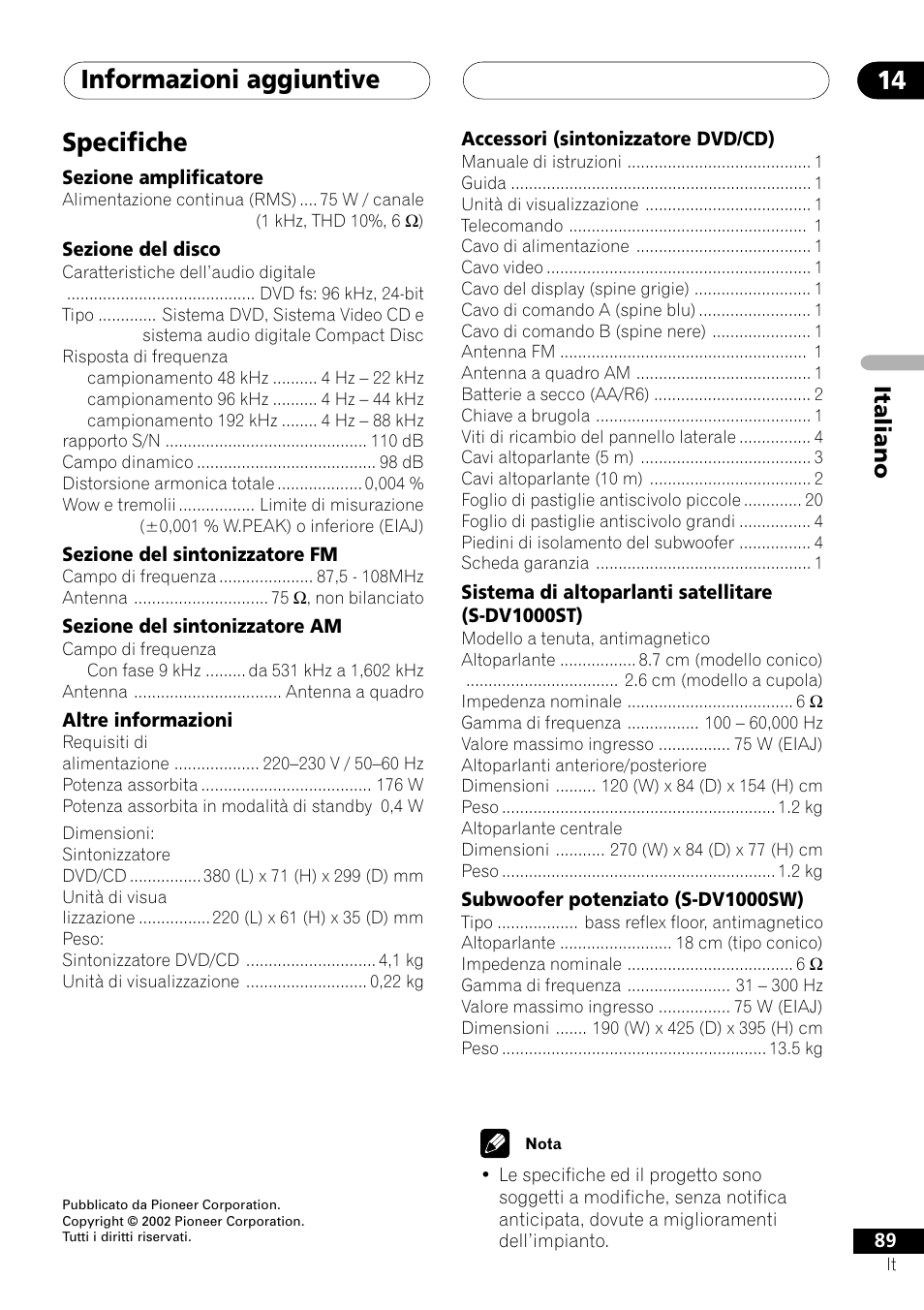 Specifiche, Informazioni aggiuntive 14, Italiano | Pioneer NS-DV1000 User Manual | Page 89 / 180