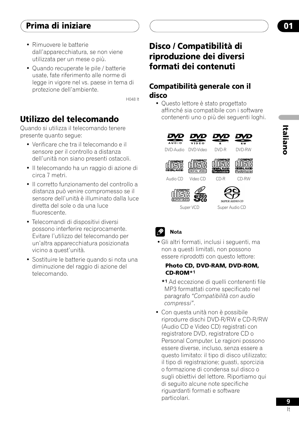 Compatibilità generale con il disco, Prima di iniziare 01, Utilizzo del telecomando | Italiano | Pioneer NS-DV1000 User Manual | Page 9 / 180