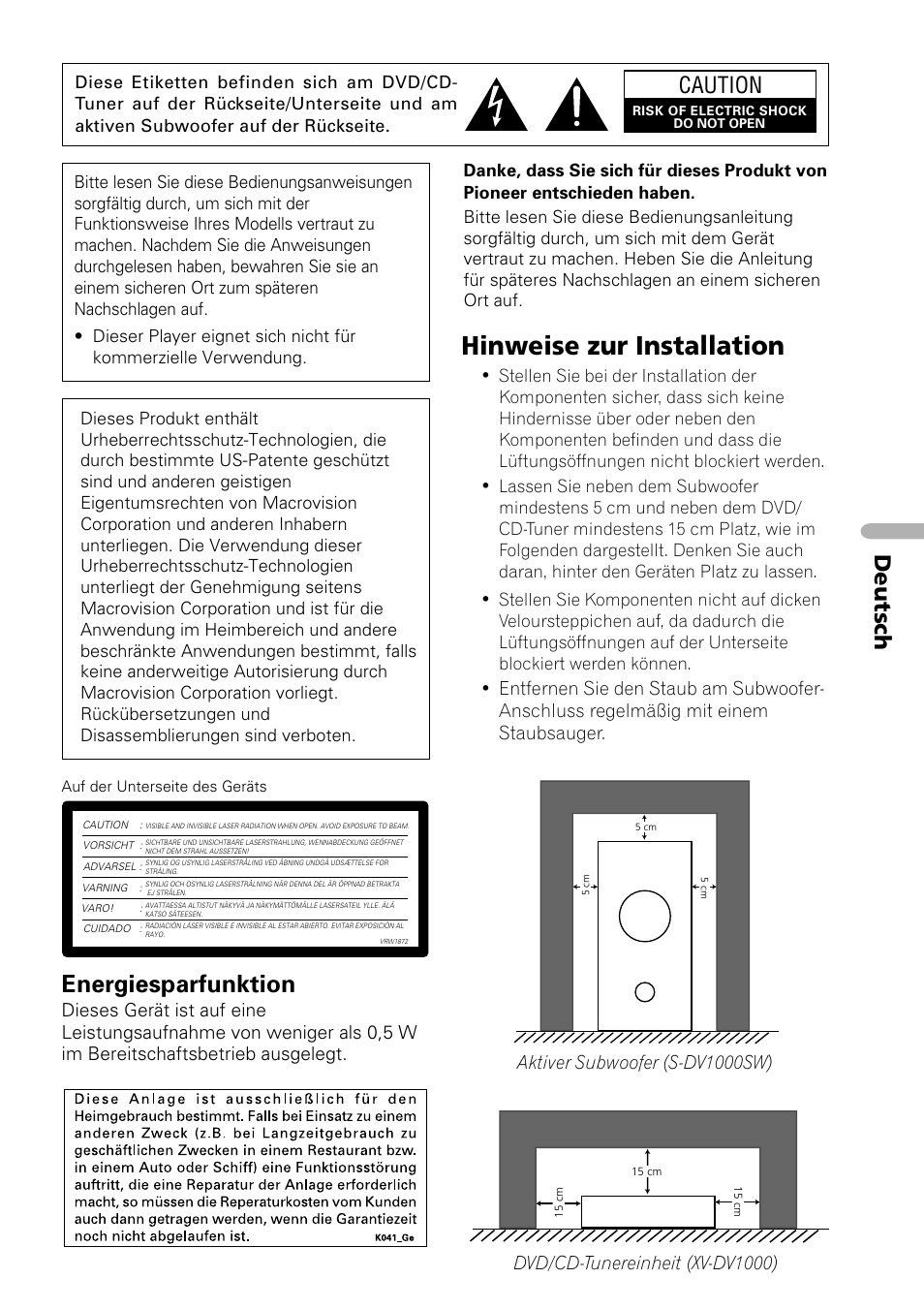 Hinweise zur installation, Energiesparfunktion, Caution | Deutsch, Dvd/cd-tunereinheit (xv-dv1000) | Pioneer NS-DV1000 User Manual | Page 91 / 180