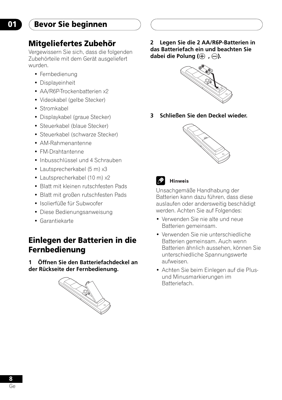 Bevor sie beginnen 01, Mitgeliefertes zubehör, Einlegen der batterien in die fernbedienung | Pioneer NS-DV1000 User Manual | Page 96 / 180