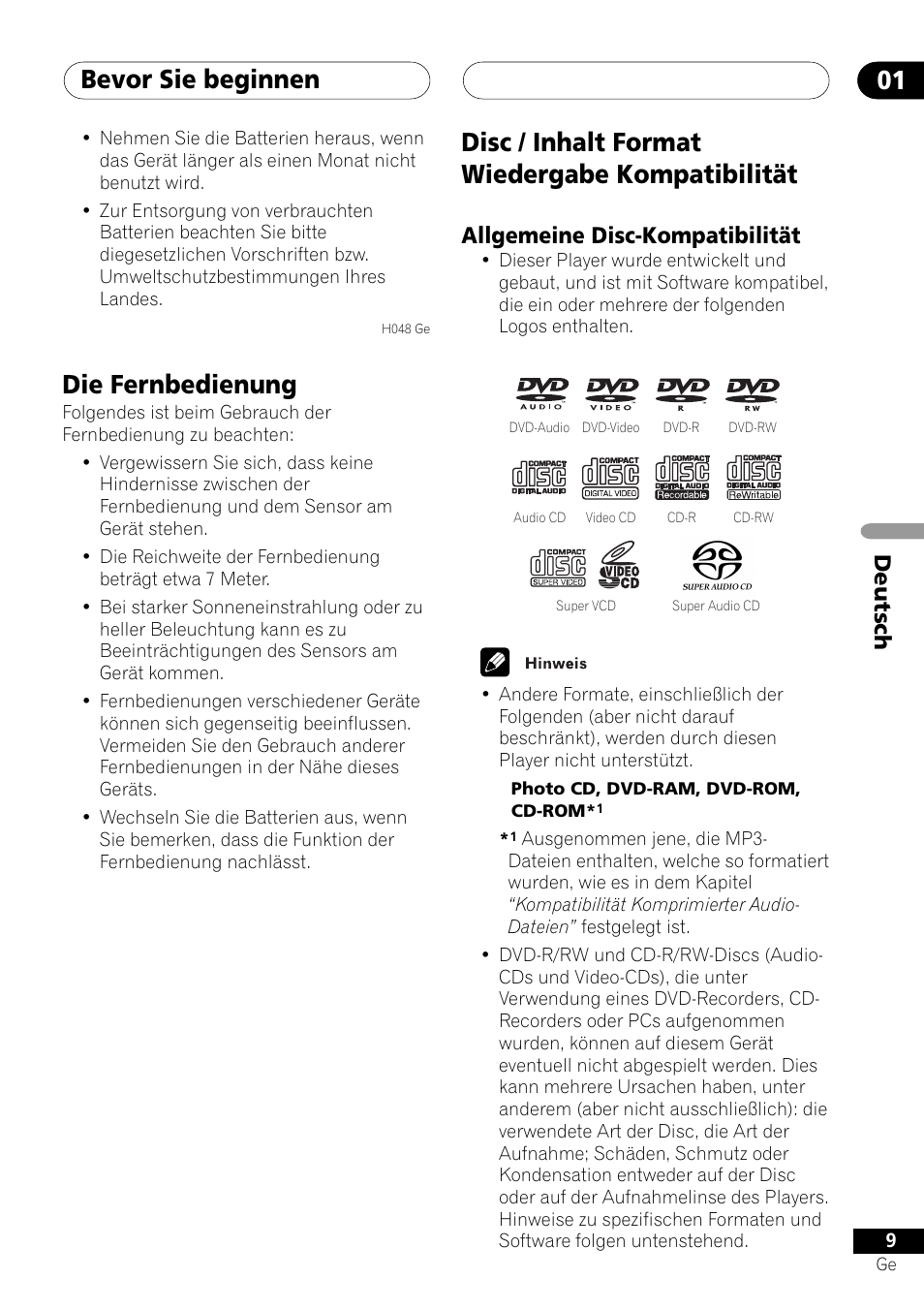 Allgemeine disc-kompatibilität, Bevor sie beginnen 01, Die fernbedienung | Disc / inhalt format wiedergabe kompatibilität, Deutsch | Pioneer NS-DV1000 User Manual | Page 97 / 180