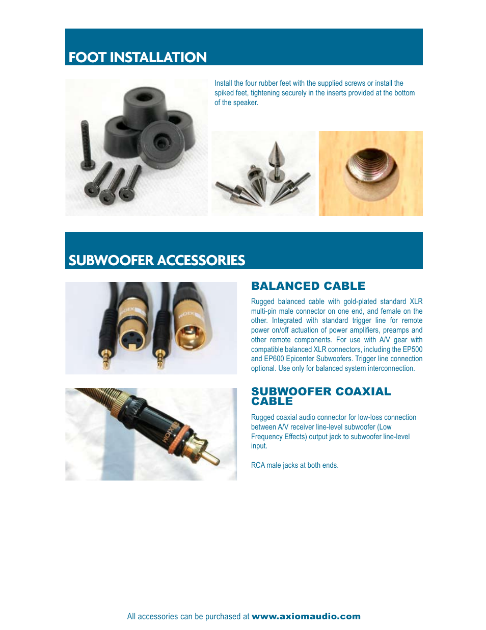 Subwoofer accessories, Foot installation, Balanced cable | Subwoofer coaxial cable | Axiom Audio EP175 User Manual | Page 3 / 8