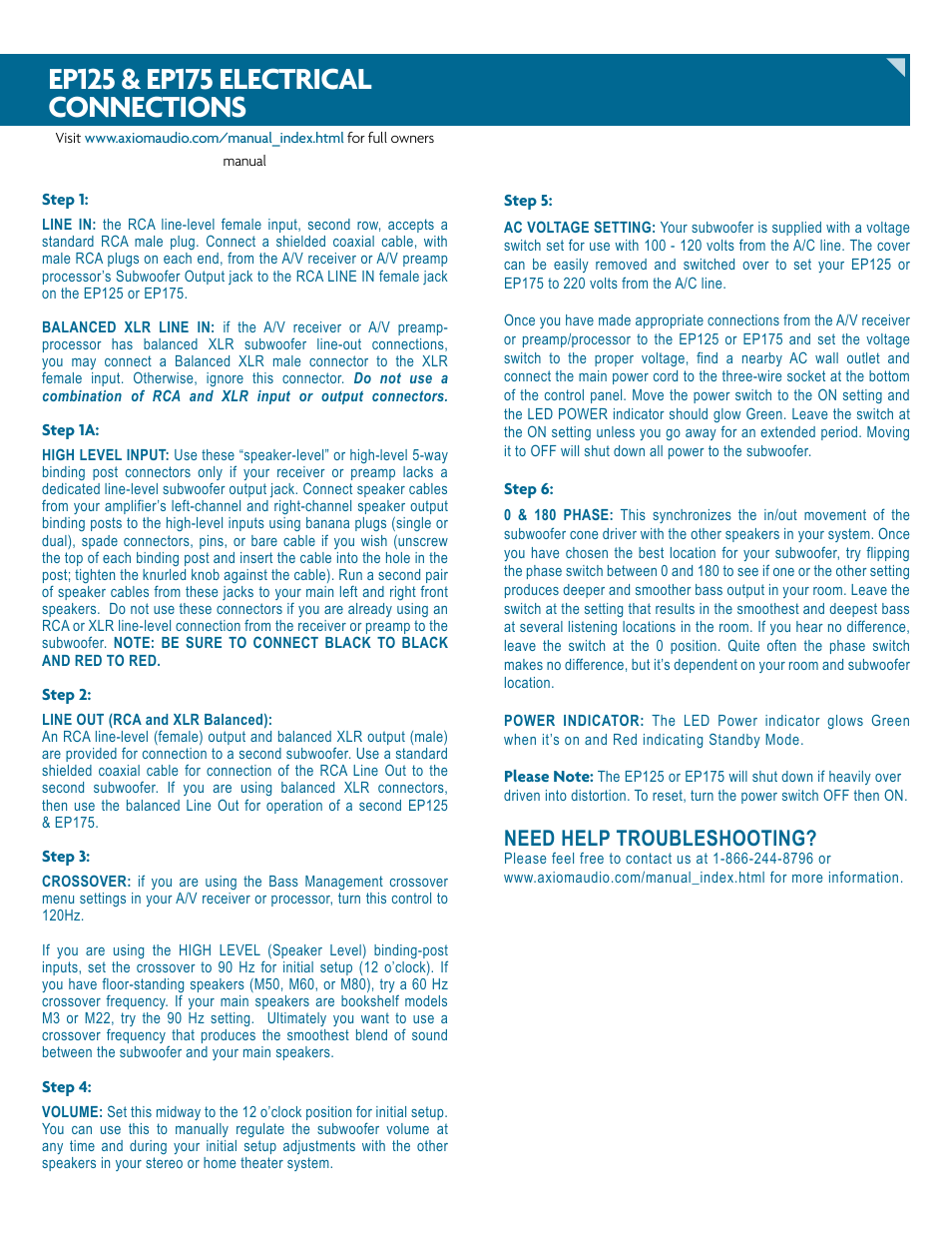 Need help troubleshooting | Axiom Audio EP175 User Manual | Page 4 / 8