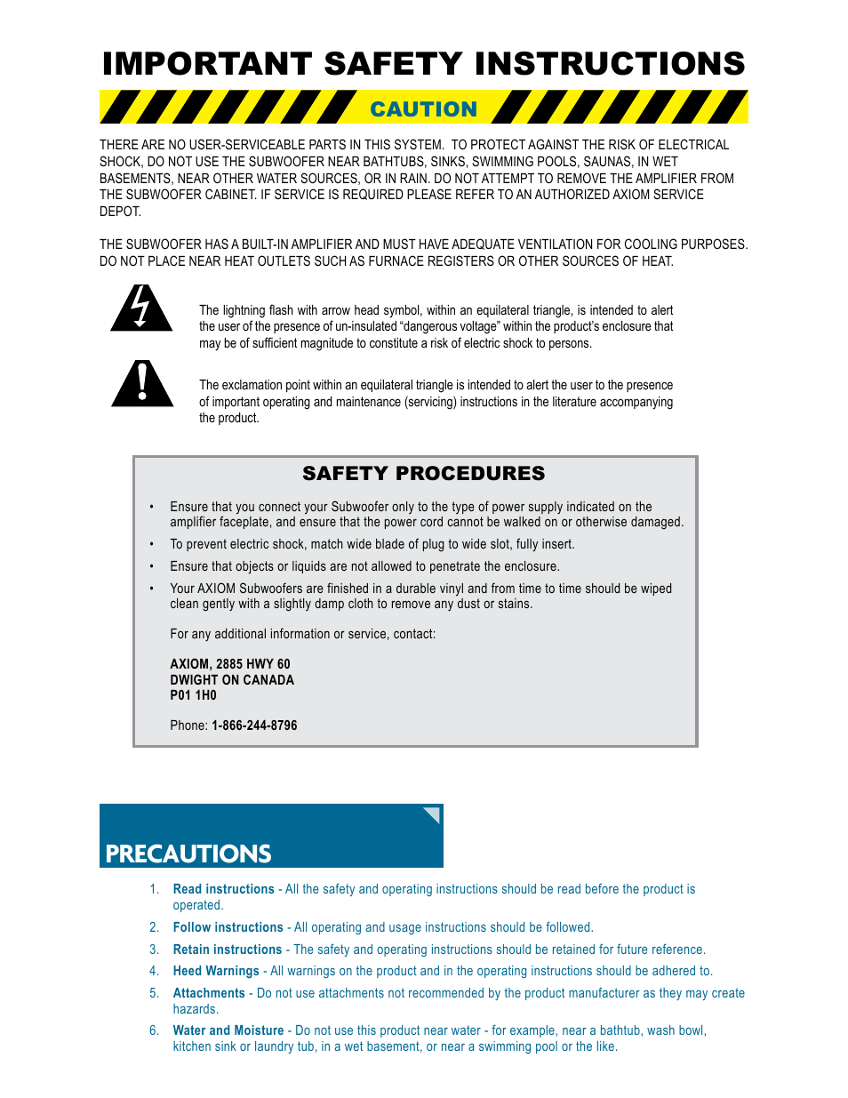 Important safety instructions, Precautions, Caution | Safety procedures | Axiom Audio EP175 User Manual | Page 6 / 8
