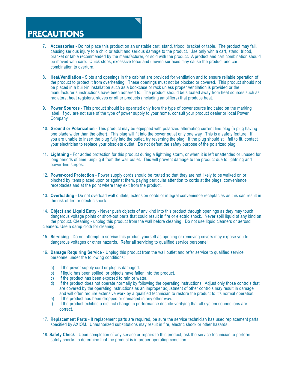 Precautions | Axiom Audio EP175 User Manual | Page 7 / 8