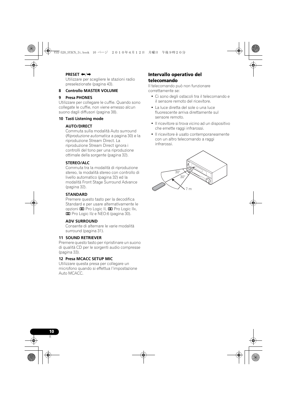 Intervallo operativo del telecomando | Pioneer VSX-520-S User Manual | Page 10 / 228